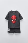 Boys' Black Spider-Themed Cotton T-Shirt and Shorts Set - Summer Sports Style