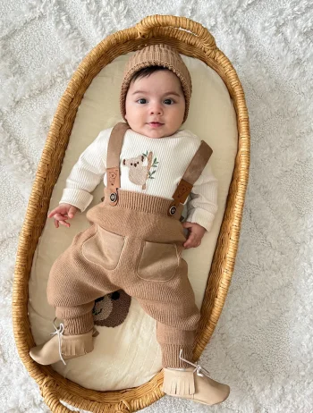 Koala-Themed Ribbed Stretch Fabric Bodysuit Thick Pinafore Cross-Back 3-Piece Set