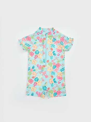 LCW Kids Green Flower Zippered Girls' Swimsuit