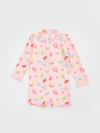 LCW Kids Pink Printed Girl's Swimsuit with Shorts