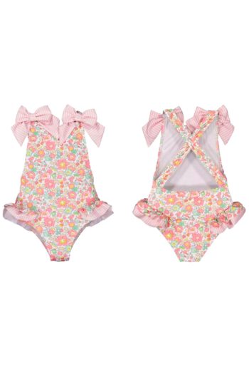 Pink Floral Patterned Cross-Back Swimsuit UPF50+
