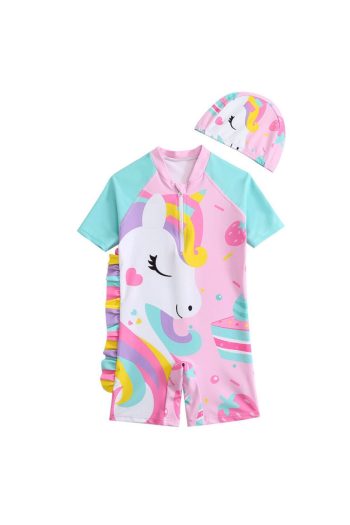 Petityu Unicorn Sugar Pink Mint Sleeve Pink UPF50+ Short Sleeve Hat Girl's Swimsuit Set