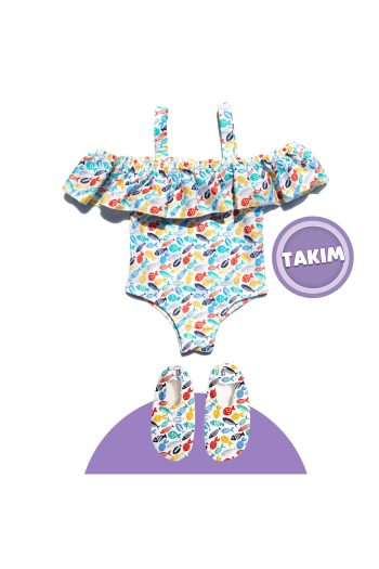 Ella Bonna Colorful Fish Themed Girls' Beach Set with Water Shoes & Swimsuit