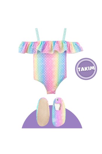 Ella Bonna Rainbow Themed Girls' Beach Outfit with Water Shoes & Swimwear Set