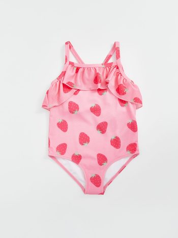 LCW Kids Pink Strawberry Print Round Neck Swimsuit for Girls