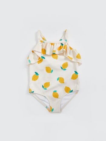 LCW Kids Ekru Crew Neck Lemon Printed Girls' Swimsuit