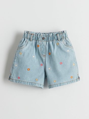 LCW Kids Blue Waistband Embroidered Girls' Denim Shorts