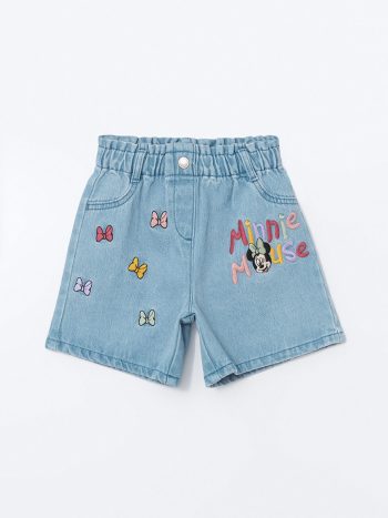 LCW Kids Blue Waistband Minnie Mouse Embroidered Girls' Denim Shorts