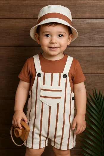 Striped Safari Hat Summer Overall Set with Snap Closure