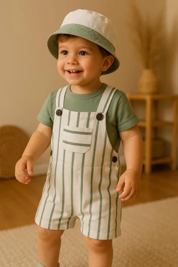 Striped Safari Hat Shoulder Snaps Summer Overall Set