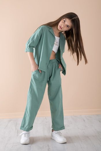 Cansın Mini Green Half Sleeve Girls' 3-Piece Crop Set 20327