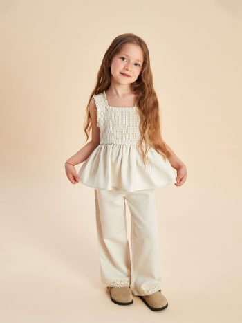 LCW Kids Beige Linen Look Girl's Blouse and Pants Set