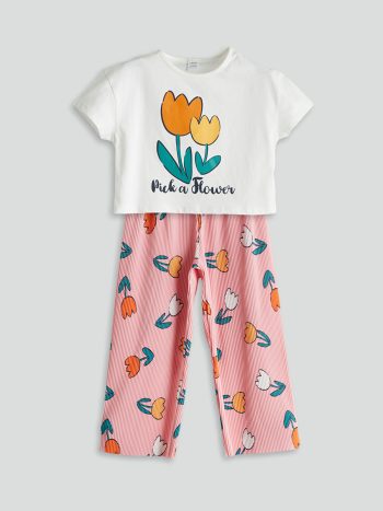 LCW Kids Pink Floral Round Neck T-Shirt and Leggings Set for Girls