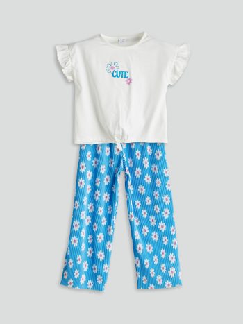 LCW Kids Blue Floral Printed T-Shirt and Leggings Set for Girls