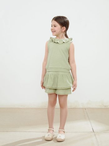 LCW Kids                                           Green Ruffled Collar Blouse and Shorts Set for Girls