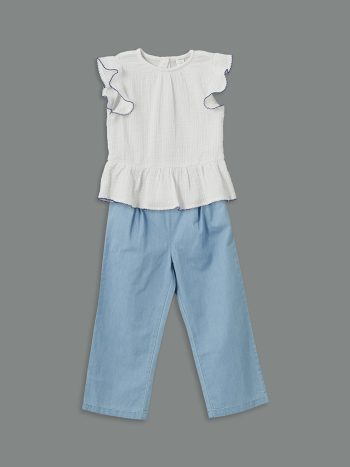 LCW Kids White Muslin Girl's Blouse and Pants Set (2 Pieces)