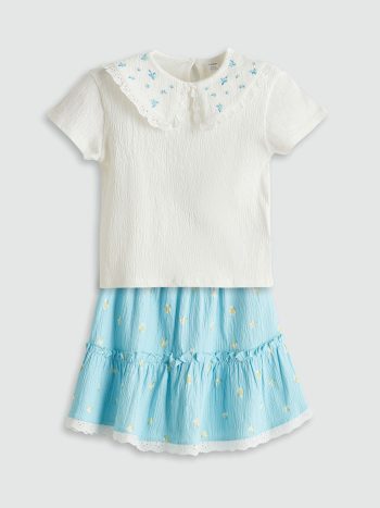 LCW Kids                                                                                         Cream Floral Girl's Blouse and Skirt Set 2-piece