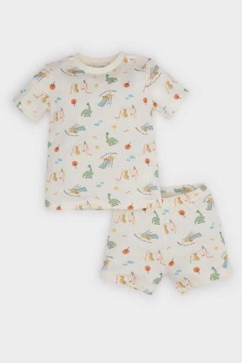 Boys' Dinosaur Print Short Sleeve Pajama Set with Elastic Waist Shorts