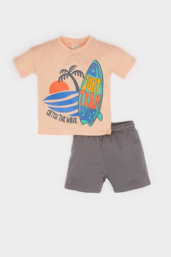 Boy's 2-Piece Set with Palm Print T-Shirt and Stretchy Waist Shorts