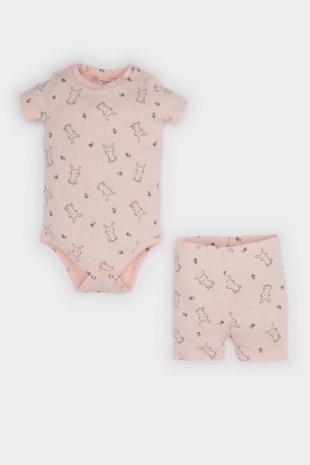 Girl's 2-Piece Set with Patterned Ribbed Knit Short-Sleeve Snapsuit and Elastic-Waist Shorts