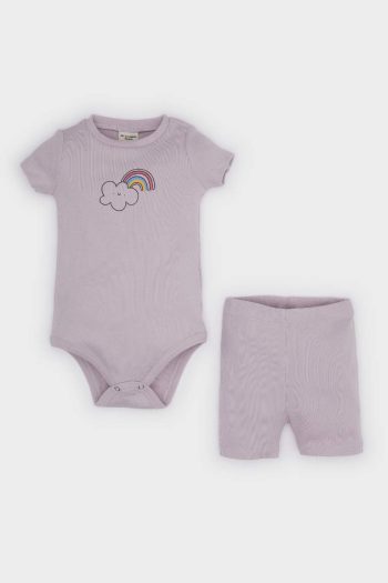Girl's 2-Piece Set with Rainbow Print Ribbed Cotton Short-Sleeve Snap Bodysuit and Elastic Waist Shorts