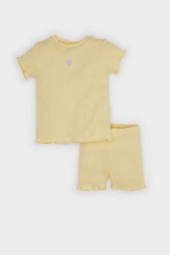 Baby Girl 2-Piece Set Ribbed Knit Short Sleeve T-Shirt with Elastic Waist Shorts