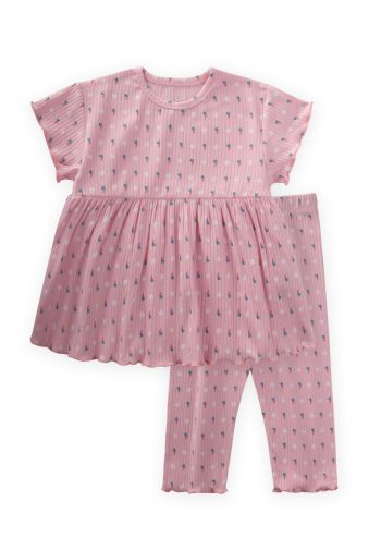 Patterned Ribbed Tunic Set for Ages 1-8 Pink