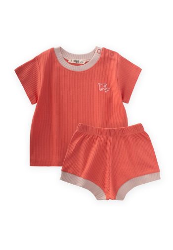 Coral Knitted Set with Bird Embroidery for Ages 0-5