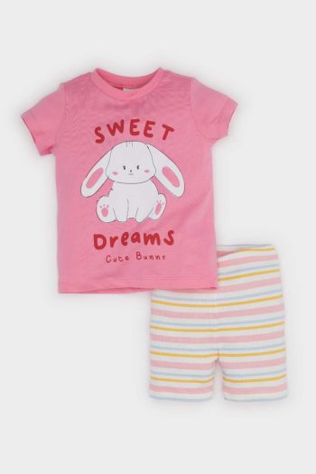 Girl Baby Pajama Set Printed Short Sleeve Ribbed Top with Elastic Waist Striped Shorts
