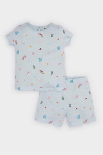 Girls' Pajama Set with Patterned Short Sleeve Cotton Top and Elastic Waist Shorts
