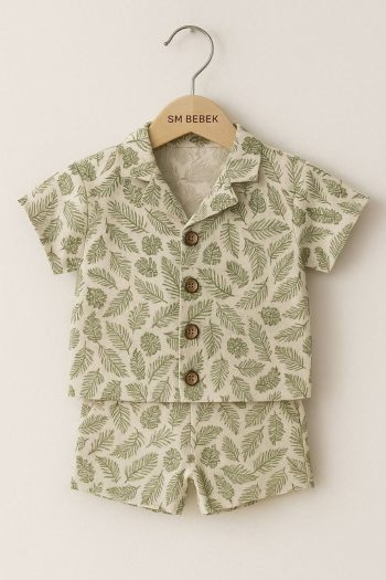 Leaf Patterned Two-Piece Set with Linen Shirt for Baby Boys