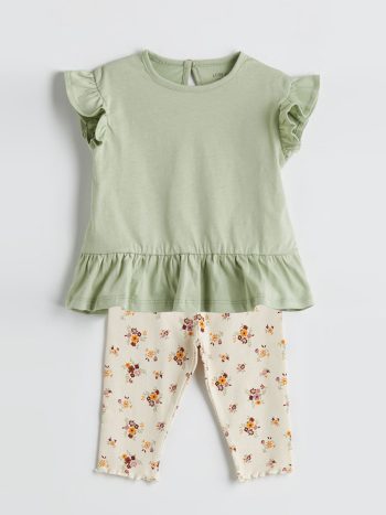 LCW Baby Green Girl Baby T-Shirt and Floral Leggings Set of 2