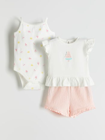 LCW Baby  Off-White Basic Crew Neck 3-Piece Outfit for Girls