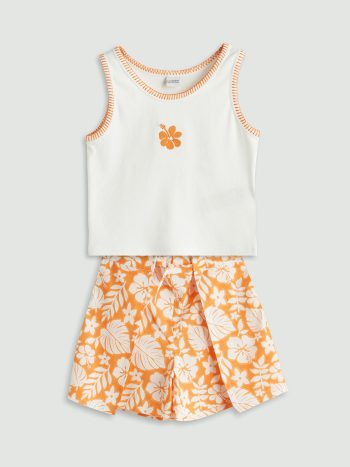 LCW Kids                                                                                        Cream Floral Print Girls' Tank Top and Skirt Set