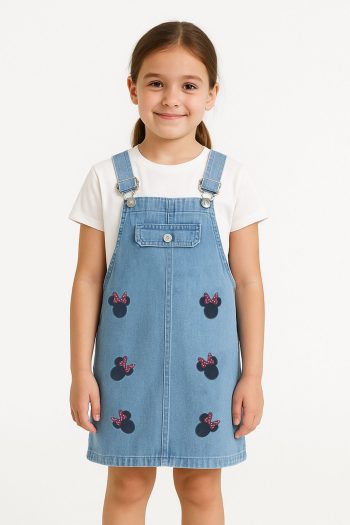 Trend Bebe Boutique 2-8 Years Girl's Minnie Mouse Embroidered Denim Pinafore Dress | Strappy Jean Overall Summer Dress
