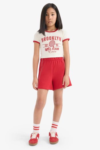 Girls' 2-Piece Set with Ribbed Printed Short Sleeve T-Shirt and Elastic Waist Shorts
