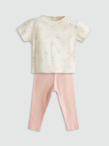 LCW Baby  Off-White Printed Baby Girl T-Shirt and Shorts Set