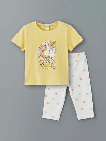 LCW Kids Yellow Bicycle Neck Printed Girls' T-Shirt and Leggings Set of 2