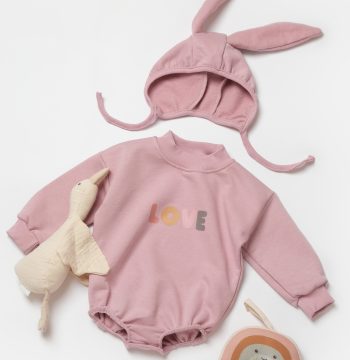 Pink Love Printed 3-Yarn Snap-Buttoned Hooded Hat and Romper Set