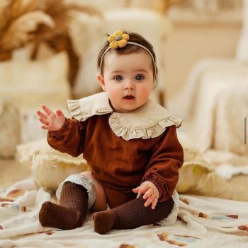Linda Baby Collared Snap-Button Linen Brown Romper