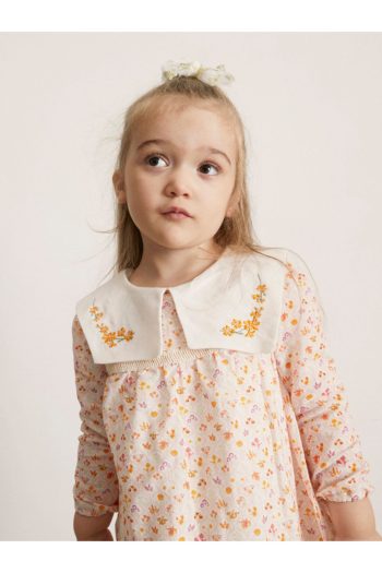 Maya and Luca Bloomy Spring Patterned Long Sleeve Embroidered Orange Dress
