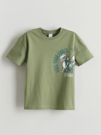 LCW Kids Green Crew Neck Dinosaur Print Boys' T-Shirt