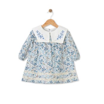 Bloomy Spring Patterned Long Sleeve Embroidered Blue Dress