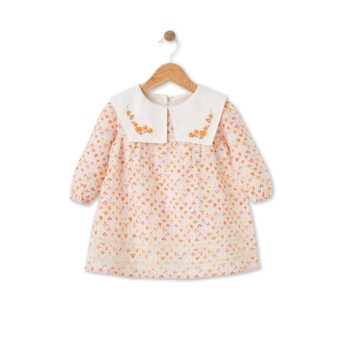 Bloomy Spring Patterned Long Sleeve Embroidered Orange Dress