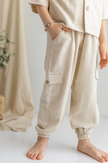 Olive The Kid Beige Cotton Elastic Waist and Cuffs Buttoned Pocket Detail Boys' Pants