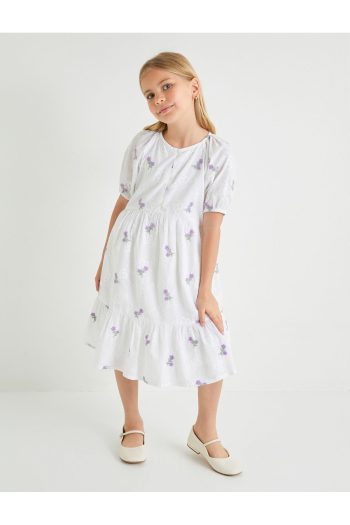 Koton Floral Dress with Embroidery and Balloon Sleeves in Cotton