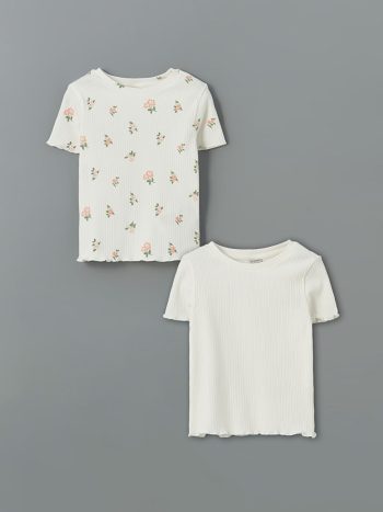 LCW Kids                                                                                             Off-White Floral Print Girls' Crop T-Shirt Set of 2