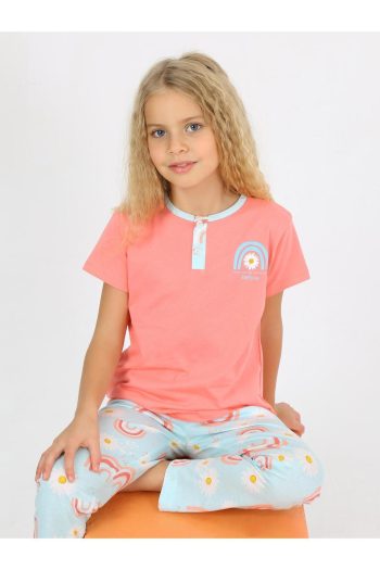 Vitmo Girls' Short Sleeve 100% Cotton Button-Detailed Rainbow Pajama Set