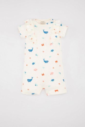 Defacto Girl Baby Newborn Sea Print Ribbed Corduroy Short Sleeve Romper D0788A524HS