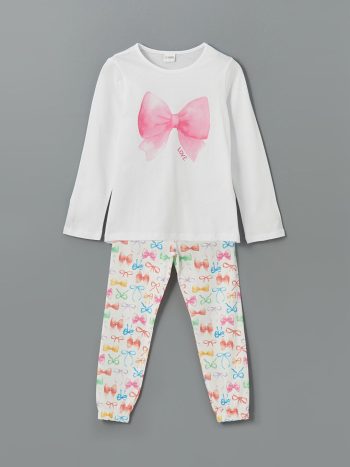 LCW Kids White Bicycle Neck Bow Print Girls' Pajama Set